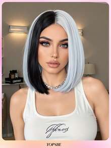 TOPSHE 30cm zweifarbige kurze gerade Haare ohne Pony, schwarze Perücken für Frauen, weiches, hitzebeständiges synthetisches Haar, für den täglichen Gebrauch, Partys, Halloween & Cosplay, Halloween Kostüm