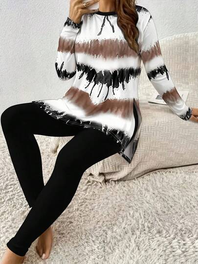 Women's Casual Two-Piece Set With Color Block Print Long Sleeve Top And Leggings, Side Slit Fashionable T-Shirt With Slim Fit Regular Loose Pants, Round Neck Pullover Sweater, Layered Detail Women's Leisure Outfit