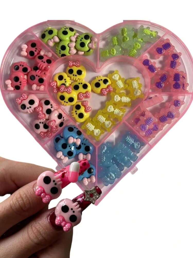 60个/盒 万圣节哥特可爱Y2K粉色玫瑰红黄色绿色蓝色亮面骷髅女孩蝴蝶结骷髅熊亚克力法式长棺材方形美甲装饰吊坠3D平面小树脂废料手机壳发夹冰箱贴DIY工艺钥匙扣首饰吊坠配件 - 彩色 - 查看 1