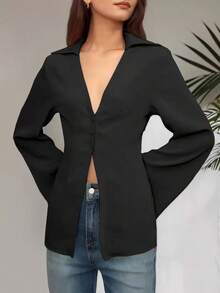 Damen Einfarbige Bluse mit Knopfleiste und Schlitz-Saum, Büromode