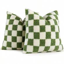 Pack Of 2 Decorative Throw Pillow Covers Checkerboard Luxury Soft Faux Fur Wool Set Cushion Couch Sofa Bedroom 16 X 16-Inch Black, Modern, - Sage Green - 查看 1