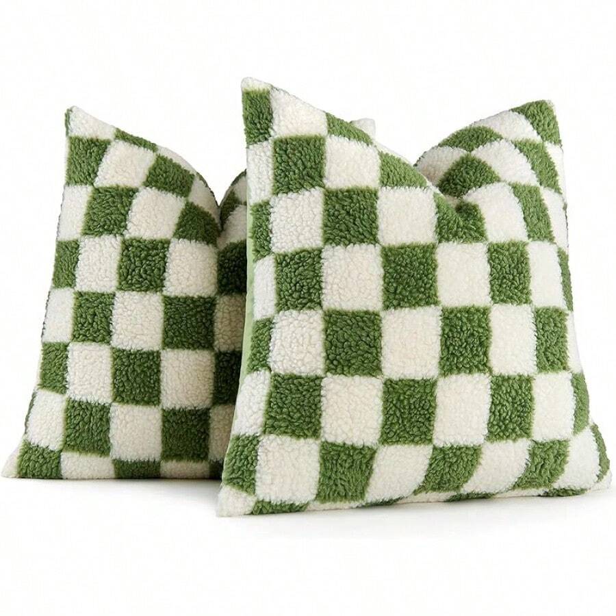 Pack Of 2 Decorative Throw Pillow Covers Checkerboard Luxury Soft Faux Fur Wool Set Cushion Couch Sofa Bedroom 16 X 16-Inch Black, Modern, - Sage Green - 查看 1