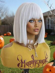 Halloween 10 Inch Bob Wigs For Women Short Straight White Wigs With Bangs Heat Resistant Synthetic Wigs For Party Costume Daily Wear Music Festival Wigs Sexy Wigs For Sexy Women Vacation Travel Family Party Everyday Wear Halloween Gifts - trắng - Xem 5