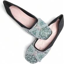 SAILING LU Square Toe Flats Shoes Rhinestoned Bowknots Ballet Flats For Women Studded Dress Shoes Comfort Light Weight LoafersChristmas - G-黑色 - 查看 11