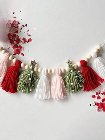 1PC Handmade Christmas Tree Wool, Nordic-Style Wood Beads, Green And Red Pom-Pom Tassels, Woven Bohemian Hanging Ornaments, Wall Decorations, Wall Hangings, Christmas Decor Home Decor Christmas Decorations Room Decor