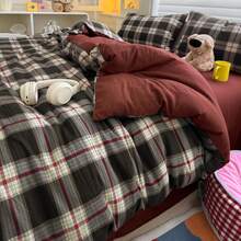 4 件套 Maillard 羽绒被套套装,砖红色和黑色格子,双层雪纺,涤纶,(1 个羽绒被套 + 1 个床单 + 2 个枕套),适合秋冬季,卧室装饰,节日礼物,不包括枕芯,枕套图案随机裁剪 - 黑紅 - 查看 14