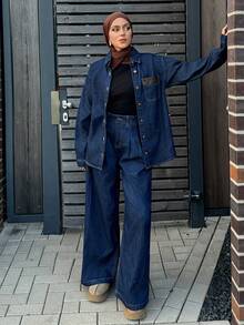 DAZY Women Long Sleeve Shirt And Jeans Casual Outfit Modest Fashion - Blue - View 4