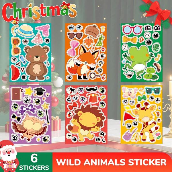 beartale 6 ورقات ملصقات صنع وجه الحيوانات البرية - ملصقات DIY مزيج وتطابق الحيوانات للأطفال، تصاميم كرتونية ملونة مع ورق لاصق ذاتي، مثالية لهدايا الحفلات، مكافآت المعلمين، ألعاب مونتيسوري، القرطاسية، لوازم المدرسة، ألعاب السفر، لعبة تعليمية للأطفال، ألعاب للبنات، ألعاب للأولاد، ألعاب تعليمية مبكرة، ألعاب الفصل الدراسي، قرطاسية المدرسة، باني، هدية العودة إلى المدرسة، هدية عيد الهالوين، هدية عيد الميلاد