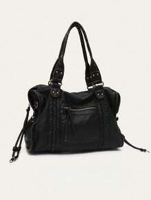 Women's Unisex Design Retro Slouchy Cool Street Style Washed PU Vegan Leather Zipper Closure Multi Functional Pockets Braid Decor Brush Off Color Large Capacity Tote Handbag Fits 13' Laptop Adjustable Long Strap Crossbody Shoulder Bag Daily Commute College Overnight Travel Outings, Bohemia Style Bag For Women, New Fashionable Big Bags For Women, New Arrival Tote Bags For Woman - 黑色 - 查看 1