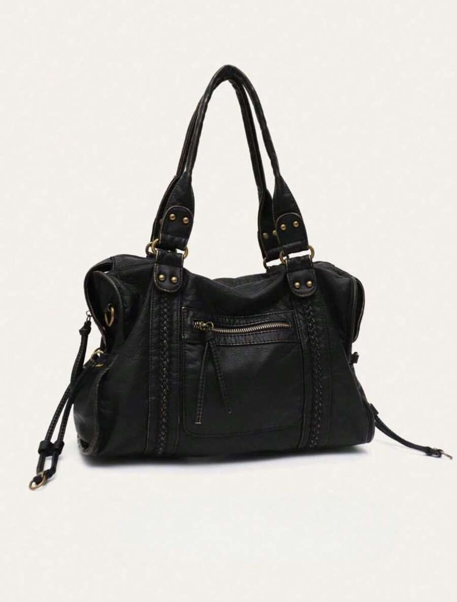 Women's Unisex Design Retro Slouchy Cool Street Style Washed PU Vegan Leather Zipper Closure Multi Functional Pockets Braid Decor Brush Off Color Large Capacity Tote Handbag Fits 13' Laptop Adjustable Long Strap Crossbody Shoulder Bag Daily Commute College Overnight Travel Outings, Bohemia Style Bag For Women, New Fashionable Big Bags For Women, New Arrival Tote Bags For Woman - 黑色 - 查看 1