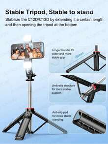 AXNEN Portable Selfie Stick Tripod With Adjustable Fill Light, 360° Rotatable & Detachable Phone Holder, Extendable Tripod, Wireless Remote, Compatible With IOS & Android Phones/Cameras/GoPro