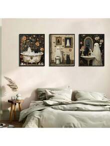 3Pcs Halloween Room Decor Home Decor Bathroom Decor Wall Arts Posters - Ghost Wall Art With Black Cat Funny Gothic Retro Horror Wall Decor Unframed 12x16 Inches ,Halloween Decor Fall Decor