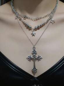3pcs Gothic Punk Style Rhinestone Cross Star Design Necklace Set, Minimalist Star Tassel Necklace Jewelry Set For Women