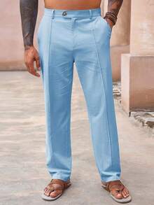 Mens Casual Pants Elastic Waist Cotton Linen Pants Pleated Loose Fit Lightweight Beach Yoga Trousers-20256688 - 藍色 - 查看 4