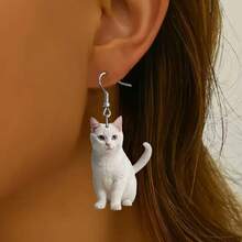 1 Pair Cute 2D Acrylic White Cat Cartoon Earrings, Suitable As Gift