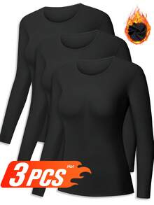 3 PCS Long Sleeve Thermal Shirts For Women Tops Long Johns Lightweight Winter Clothes Warm Base Layer - Đen Đen Đen - Xem 1