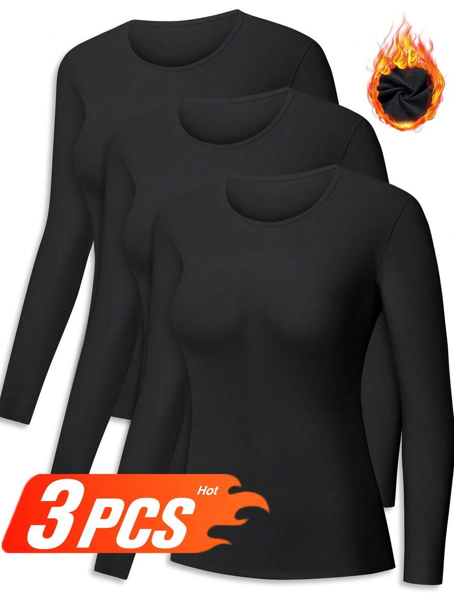 3 PCS Long Sleeve Thermal Shirts For Women Tops Long Johns Lightweight Winter Clothes Warm Base Layer - Đen Đen Đen - Xem 1