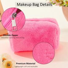 Soft Plush Quilted Cosmetic Bag, Large Capacity Travel Makeup Bag Toiletry Organizer, Can Be Used As Wallet - Hot Pink - View 2