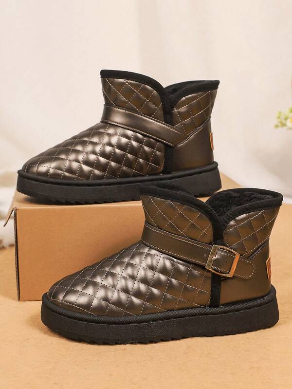 1 Paio di stivali piatti casual da donna con motivo a diamante, colore unito, con fibbia in metallo, stivali versatili e caldi per l'inverno all'aperto, stivali con fodera in pelliccia