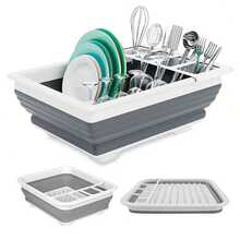 1pc Foldable Plastic Dish Drying Rack With Cutlery Holder, Space-Saving Dish Drainer Basket, Suitable For Home, RV, Camping - Great For Travel Trailers And Campers, Kitchen Essential - Grey - View 1