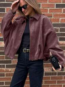 Women's Bomber Jacket, Spring Coat, Loose Long Sleeve Zipper Retro Jacket, New Style Jacket, Green Outerwear - Burgundy - View 5