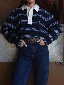 Women's Retro Striped Polo Shirt Long Sleeve Contrast Collar Casual Daily Top - 藍色 - 查看 3