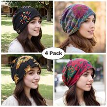 4 Pack Vintage Flower Printed Slouchy Beanie Boho Turbans Breathable Skull Cap Warm Beanies Chemo Cap For Women - B - Xem 7