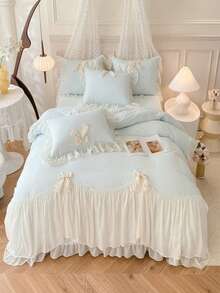 3pcs Princess Style Lace Bedding Set, White Bowknot Decor Duvet Cover & Pillow Shams (No Filling) - Blue - View 11