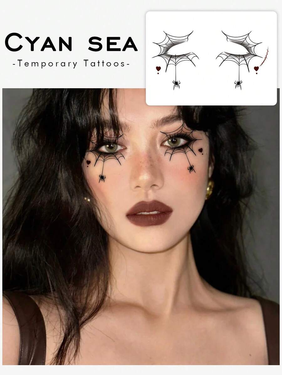 1 张万圣节眼影临时纹身贴纸眼线贴带蜘蛛网骷髅蝙蝠临时纹身贴纸脸部眼妆纹身贴纸适合女性女孩 - 彩色 - 查看 1