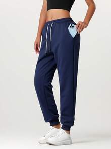 1pc Women's Thermal Lined Warm Sports Pants, Windproof & Thermal, Casual Joggers Trousers For Autumn/Winter - Navy Blue - View 8