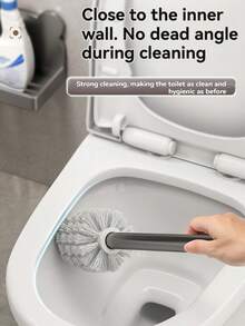 1set Toilet Brush With Holder, Wall-Mounted Long Handle Toilet Cleaning Brush, Flexible Toilet Brush, Reaching All Corners, Bathroom Cleaning Brush, Hotel Cleaning Supplies Bathroom Decor Fall Decor Bathroom Accessaries Bathroom Tools - Grey - View 4