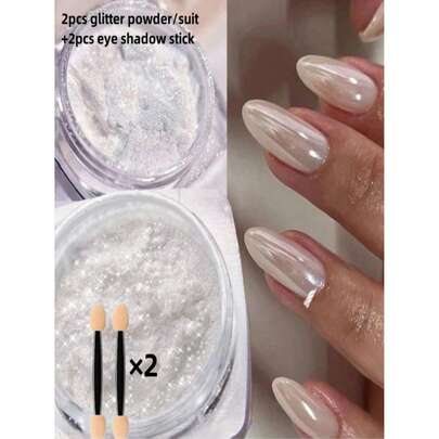 2 Hộp Bột nhũ móng tay màu trắng ngọc trai mạ crôm, Y2K 2 viên bột mạ crôm trắng ánh trăng dùng cho nghệ thuật làm móng hình bánh donut tráng men, Bột nhũ hiệu ứng gương ánh trăng 2 viên phấn mắt, phụ kiện trang trí móng tay tự làm, đá quý làm móng, vật dụng làm móng
