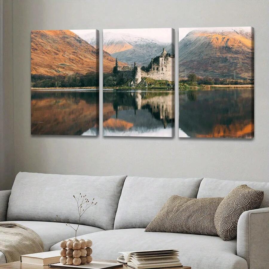 3 Pieces Wooden Frame Canvas, Lake Reflection Castle Poster, Fantasy Decoration, Frame Painting, Modern Art, Canvas, Friends And Family, Home, Room Wall Art, Office, Suitable Living Room, Bedroom Wall Decoration,, 8K, Odorless, Waterproof, Canvas Wall Art, Wall Art Frame, Already Framed, Can Be Hanged Directly, Canvas Wall Art Frame Included, Large Size Canvas Wall Art With Frame, Room Decoration, Art Wall Decoration, Framed Canvas Wall Art, Framed Wall Art, Large Wall Art, Office Decoration, Home Decoration, Decorative Poster, Art Mural, Durable Frame, High-Grade Canvas, Framed Poster, Wall Mural, Home Decor Artist, Fantasy Enthusiast Fall Decor Cuadros Para Habitación - 彩色 - 查看 1