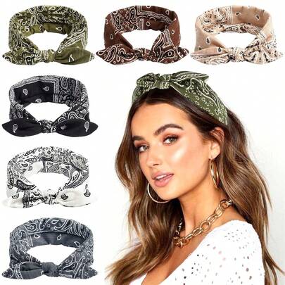 6pcs/Pack Extra Large 55cm New Cute Rabbit Ear Knotted Headbands, Paisley Pattern & Solid Color Elastic Bow Headwraps For Yoga, Sports, Outdoor, Women Fall Winter Hair Band Hair Accessories For Women For Vacation Outfits Woman Women Bandanas Winter Head Scarf