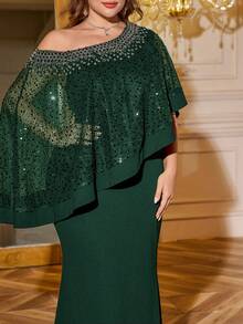 SUPGIR Plus Women's One-Shoulder Asymmetrical Cape Sleeve Handmade Bright Diamond Chiffon Slim-Fitting Evening Dress - Dark Green - View 3