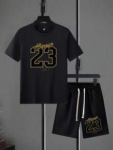 2pcs Men's Regular Fit Short Sleeve T-Shirt And Shorts Set, Personalized Print Pattern Fashion Casual Outgoing Outfit, Pocket Design Elastic Waist Drawstring Pants, Suitable For Basketball, Fishing, Outdoor Sports, Great Gift For Husband Or Boyfriend - Black - View 3