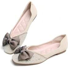 SAILING LU Square Toe Flats Shoes Rhinestoned Bowknots Ballet Flats For Women Studded Dress Shoes Comfort Light Weight LoafersChristmas - 米色 - 查看 7