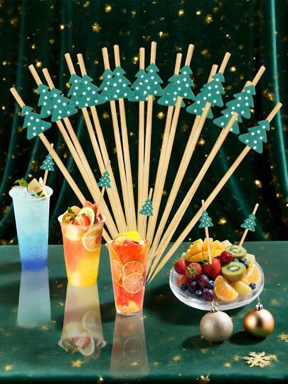 100pcs Cocktail Picks,Christmas Cocktail Drink Stirrers, Christmas Theme Party Toothpicks, Party Decorations, Home Decor, Room Decor, Summer Party Decor, Holiday Decorations