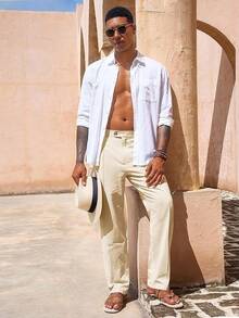 Mens Casual Pants Elastic Waist Cotton Linen Pants Pleated Loose Fit Lightweight Beach Yoga Trousers-20256688 - 米色 - 查看 7