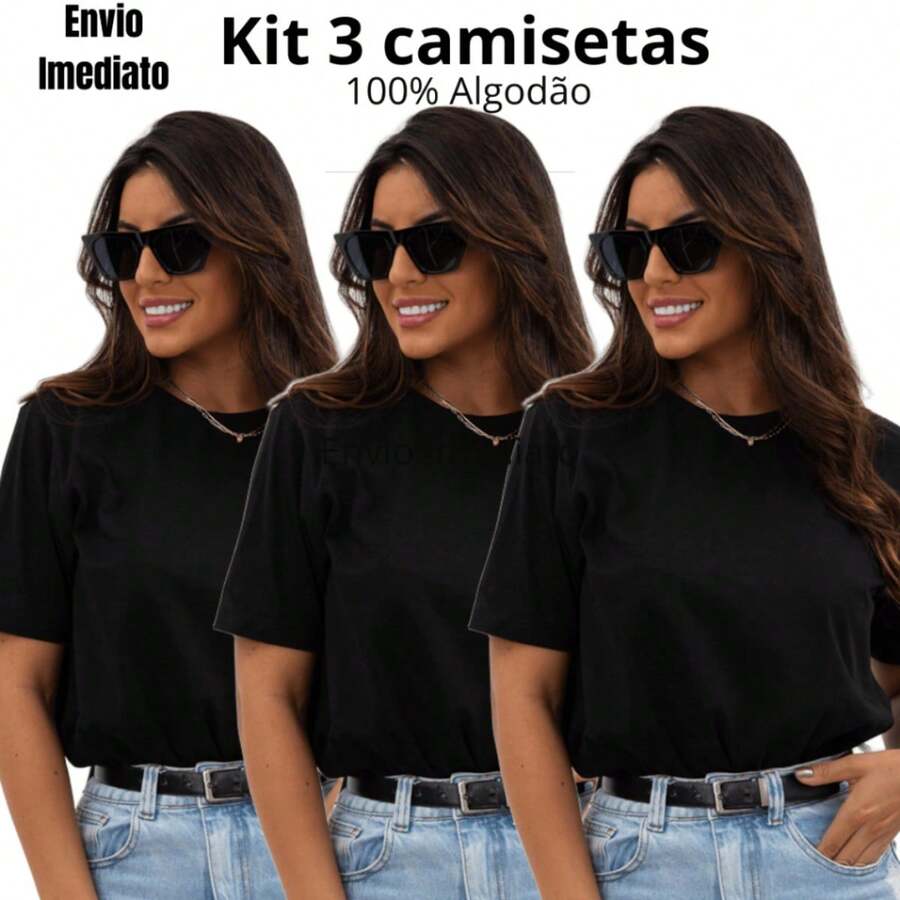 KIT 3 TSHIRTS BASIC PLAIN T-SHIRT FOR WOMEN 100% COTTON T-SHIRT T-SHIRTS - Black/Black/Black - View 1