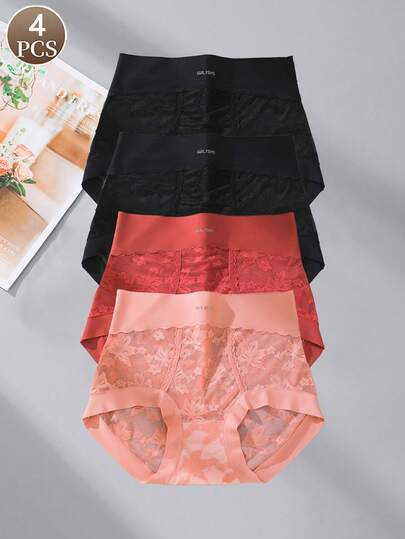 4pcs Mature Charm - Elegant Mature Charm - Jacquard Knit Fabric High Waist Ladies Briefs