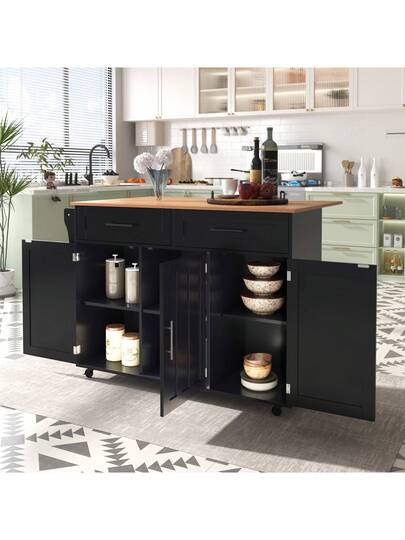 Kitchen Isl 129 71 91.5 Cm, Mobile Folding Tabletop, Drawers Storage Spaces, Trolley Metal Support Frame Height Adjustable Shelves, Kitchen, Dining Room