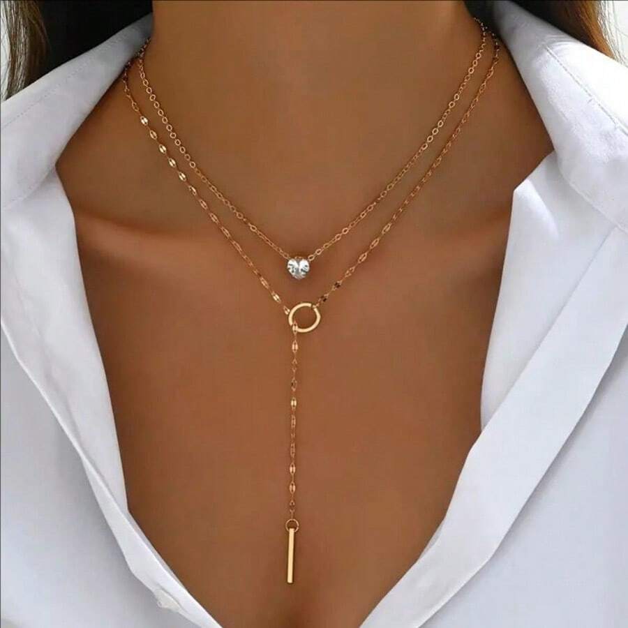 1pc Multi-Layer Gold Crystal Pendant Y-Necklace, Elegant Vertical Bar & Round Hammered Pendant Clavicle Chain For Women