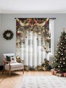 1pc Christmas Ball & Element Pattern Premium Decorative Curtain Rod Pocket Sheer Curtain, All Season Use For Outdoor, Gazebo, Bedroom, Kitchen, Office, Study, Living Room - Semi-Sheer (100g Fabric Weight) Home Decor Christmas Decorations Room Decor Christmas Decorations Home
