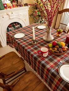 1pc Christmas Plaid Tablecloth, Tassel Decor, Retro Brown-Red Plaid, Brushed Woven Fabric, Rectangular, Washable, Suitable For Coffee Table, Bedside Cabinet, Dining Table Decor, Suitable For Home Kitchen, Party Dinner, Holiday Party Decor, Christmas, New Year, Autumn Decoration
