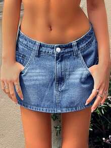 女式 Y2K A 字牛仔迷你裙 - 棉混纺基本款百搭性感休闲纯色迷你裙 - 中等水洗藍 - 查看 3