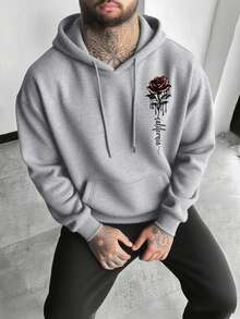 男士必备！新款秋冬街头风灰色玫瑰印花简约连帽卫衣，长袖上衣 - 灰色 - 查看 4