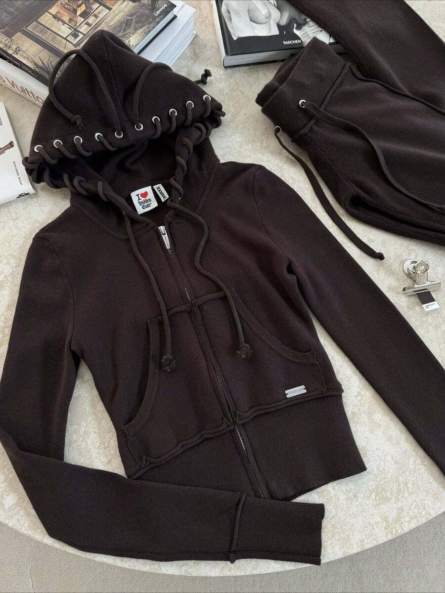 Women's Contrasting Color Waistband Splicing Micro Flared Knitted Sweatshirt, Slim Fit And Fitness Pants, Casual Pants, Sports And Leisure Set, Two-Piece Set - 黑色 - 查看 1