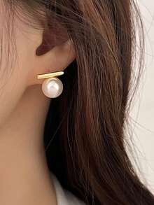 Tkool 2pcs Women's Minimalist T-Shaped Pearl Stud Earrings, Daily Accessory Gift - Multicolor - View 2