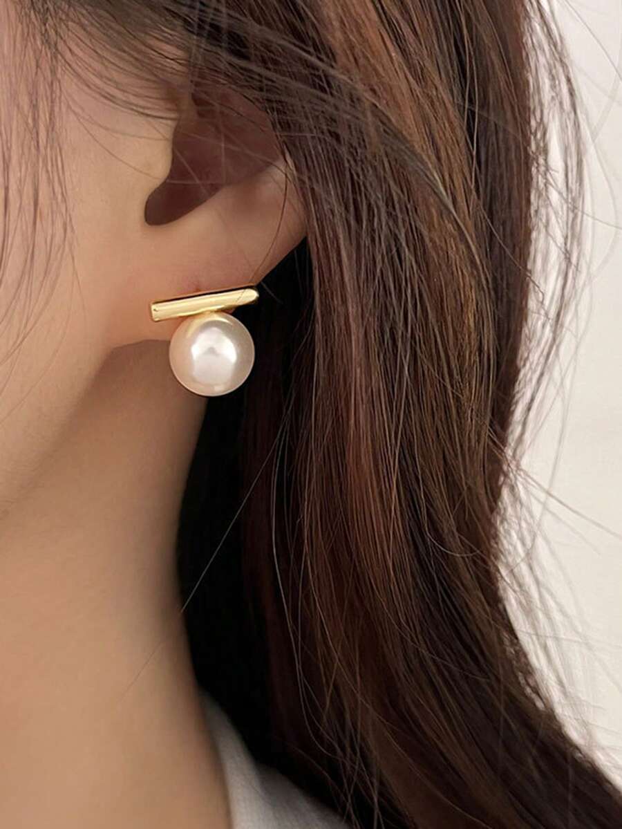 Tkool 2pcs Women's Minimalist T-Shaped Pearl Stud Earrings, Daily Accessory Gift